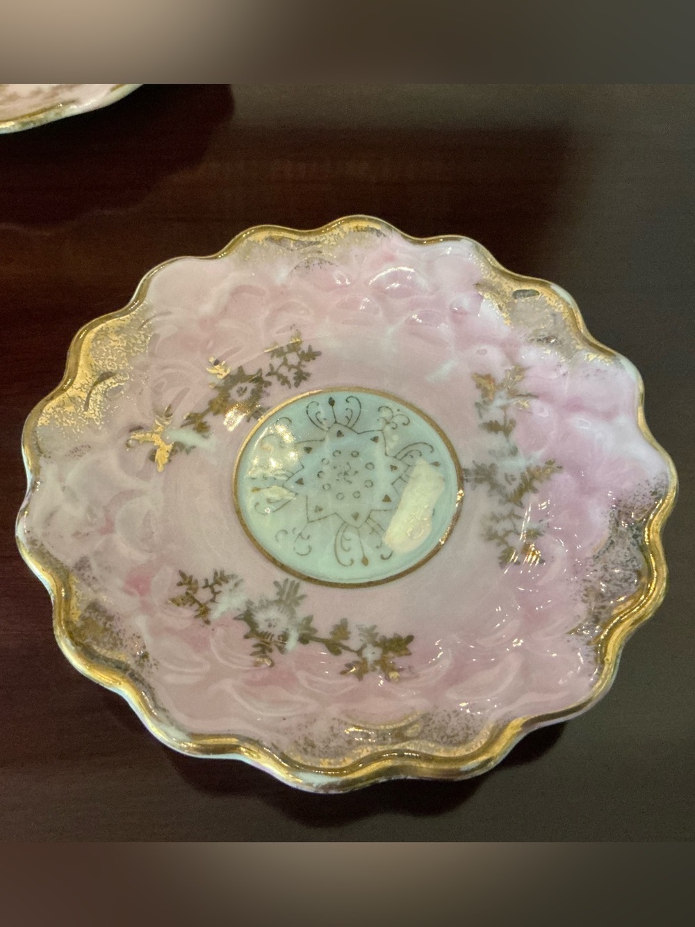 Antique Pink Porcelain Decorative Scalloped Saucers with Gold Trim. Set of 2 - Picture 4 of 4